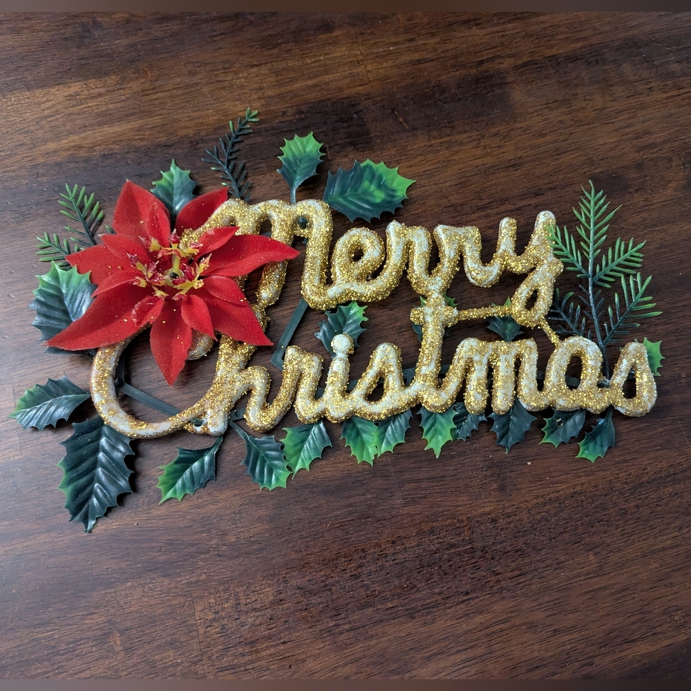 Vintage Festive Gold 'Merry Christmas' Decoration with Red Poinsettia